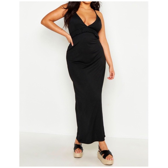 Dresses & Skirts - V-Neck. Ruffle Accent. BLACK Maxi Dress